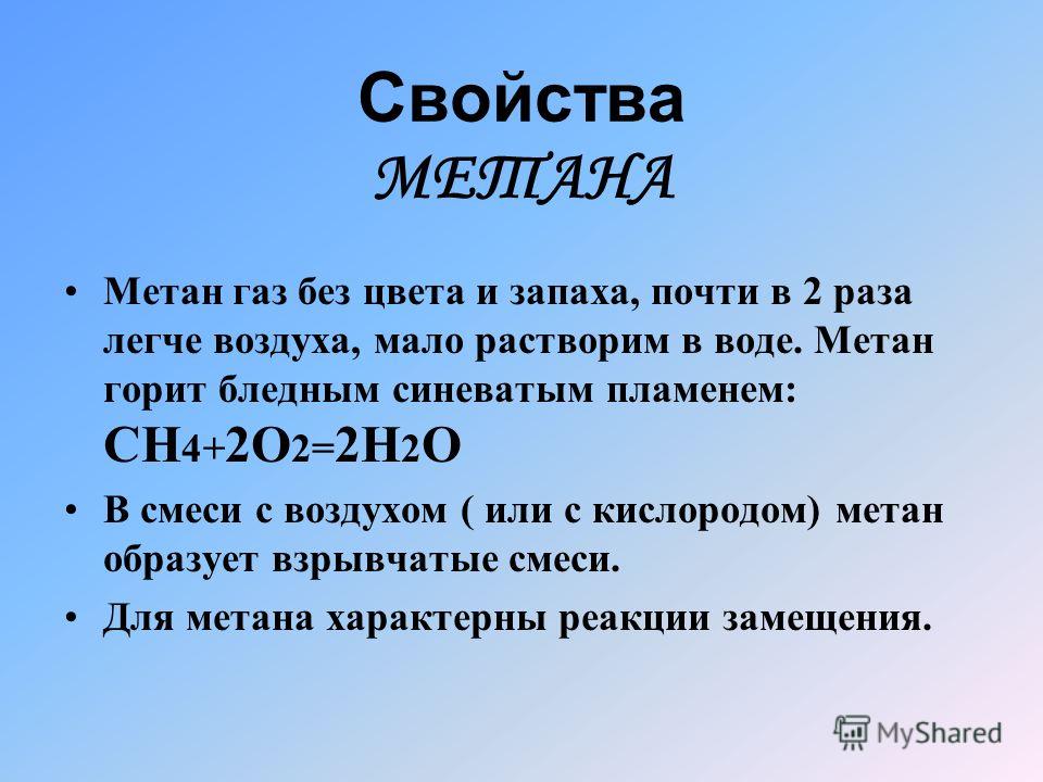 Водой метан газ. Свойства метана. Характеристика метана. Физические свойства метана. Химические свойства метана.