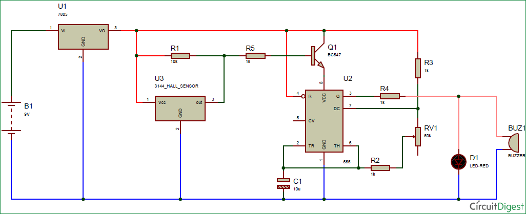 Magnetic Door Alarm Circuit using Hall sensor circuit setup 