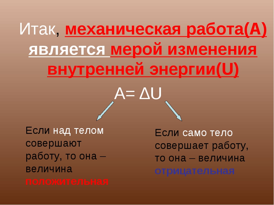 Каким способом изменить внутреннюю энергию тела. Работа как мера изменения энергии. Мера изменения внутренней энергии. Изменение внутренней энергии механической работой. Работа как мера изменения энергии тела.