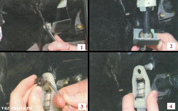 Выворачивание болта и снятие упора оболочки троса, а так же снятие корпуса механизма компенсации износа накладок ведомого диска сцепления